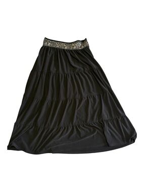 Mariposa Black Tiered Maxi Skirt with Embroidered Gold Waistband. Size XS